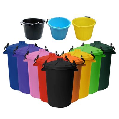 1 x 50L Litre Large Dustbin Refuse Bin Storage Animal Feed Waste Rubbish Bin & 1 x 14L Litre 3 Gallon Plastic Builders Bucket Cleaning Household Car Wash Bucket For Camping Fishing Water Pail (Random)