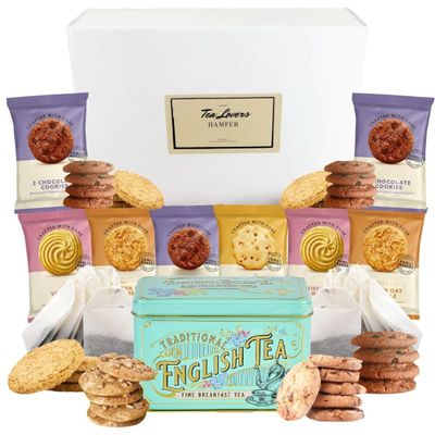 Tea and Biscuits Gift Set Hamper With Traditional British Biscuit Selection, Premium English Tea Tin & 40 Tea Bags, Viennese Whirls Choc Chip Cookies & More | Tea and Biscuit Lovers Gift Set