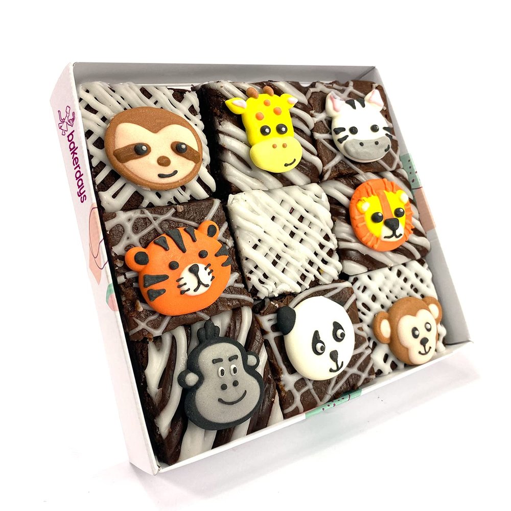 Limited Edition Chocolate Fudge Brownies - 9 Chocolate Fudge Brownies Topped with Sugar Decorations and White Chocolate and Vanilla Icing. Serves 9 portions. Baked by bakerdays (Safari)