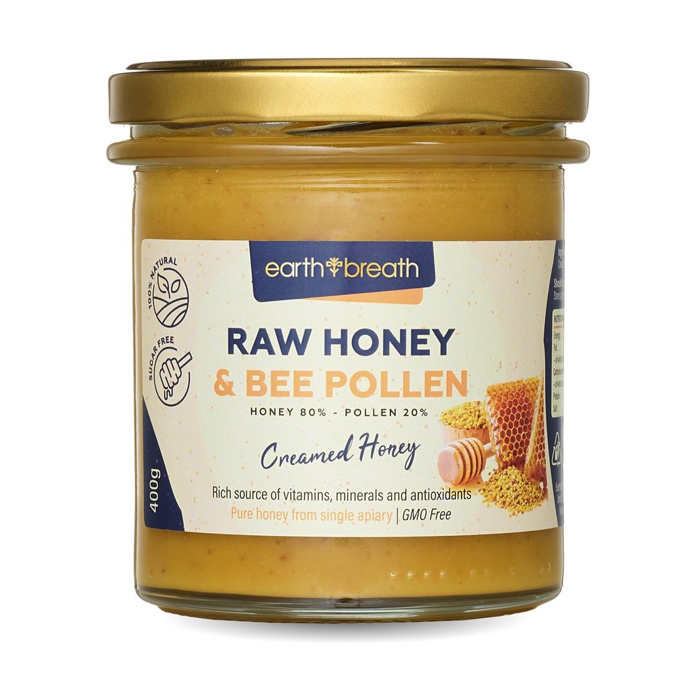 Earthbreath Raw Honey with Bee Pollen  400g | 100% Pure, Unfiltered & Unpasteurised | Natural, Single-Origin Honey  No Additives