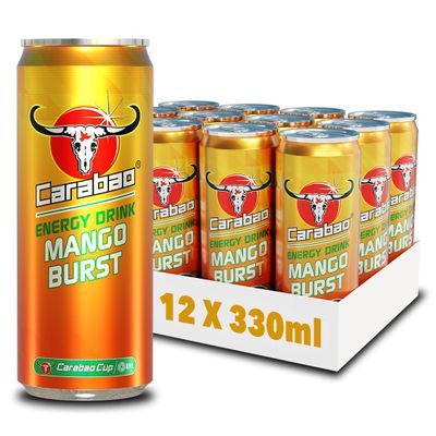 Carabao Energy Drink Mango Burst, 12 x 330ml Cans Case, Low Calorie, Lower Sugar, Fizzy Fruit Flavour, Vegan, Gluten Free Drink, B Vitamins, Taurine, Caffeine with Zero Crash, Bulk Crates, Multipack