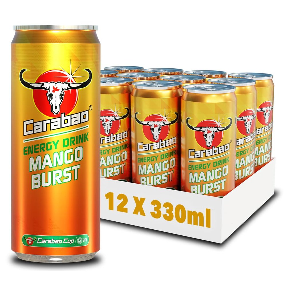 Carabao Energy Drink Mango Burst, 12 x 330ml Cans Case, Low Calorie, Lower Sugar, Fizzy Fruit Flavour, Vegan, Gluten Free Drink, B Vitamins, Taurine, Caffeine with Zero Crash, Bulk Crates, Multipack