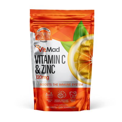 Vitamin C (100mg) and Zinc (20mg) - 120 Tablets - Immune System Support - High Strength