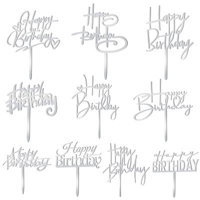 10 PCS Silver Happy Birthday Cake Topper Acrylic Cupcake Topper Birthday Supplies Decorations
