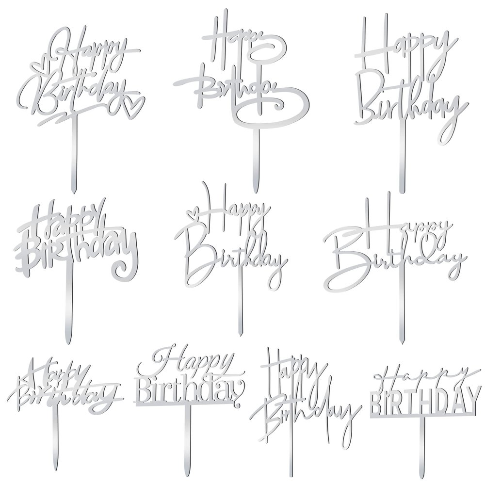 10 PCS Silver Happy Birthday Cake Topper Acrylic Cupcake Topper Birthday Supplies Decorations
