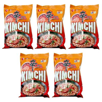 Nongshim Kimchi Ramyun 120g (Pack of 5)  Instant Korean Style Traditional Spicy Noodle - Excellent for Snacking, Stir-Frying, Or As A Quick Side Dish