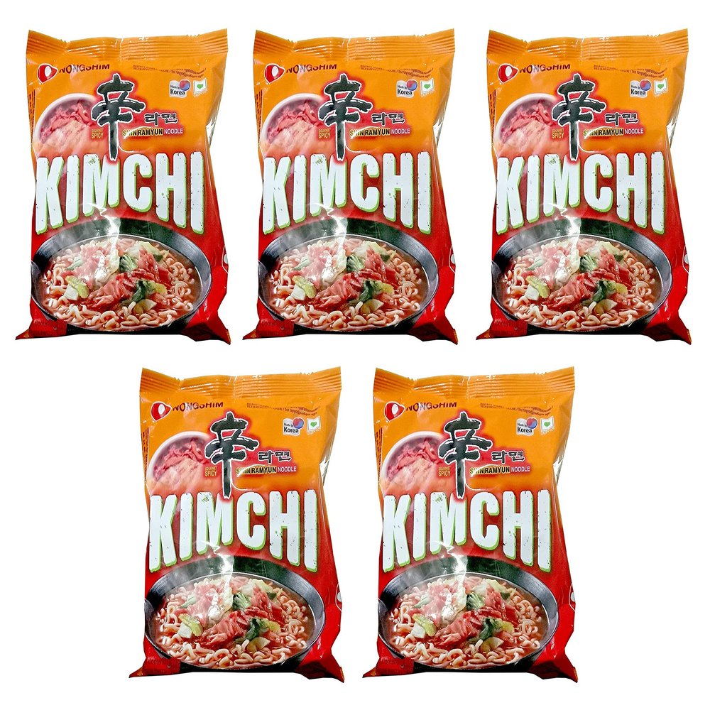 Nongshim Kimchi Ramyun 120g (Pack of 5)  Instant Korean Style Traditional Spicy Noodle - Excellent for Snacking, Stir-Frying, Or As A Quick Side Dish
