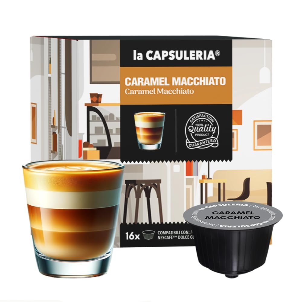 CARAMEL MACCHIATO (96 Capsules) compatible with Nescaf Dolce Gusto, 6 Boxes x 16 Pods (96 Servings Total), La Capsuleria