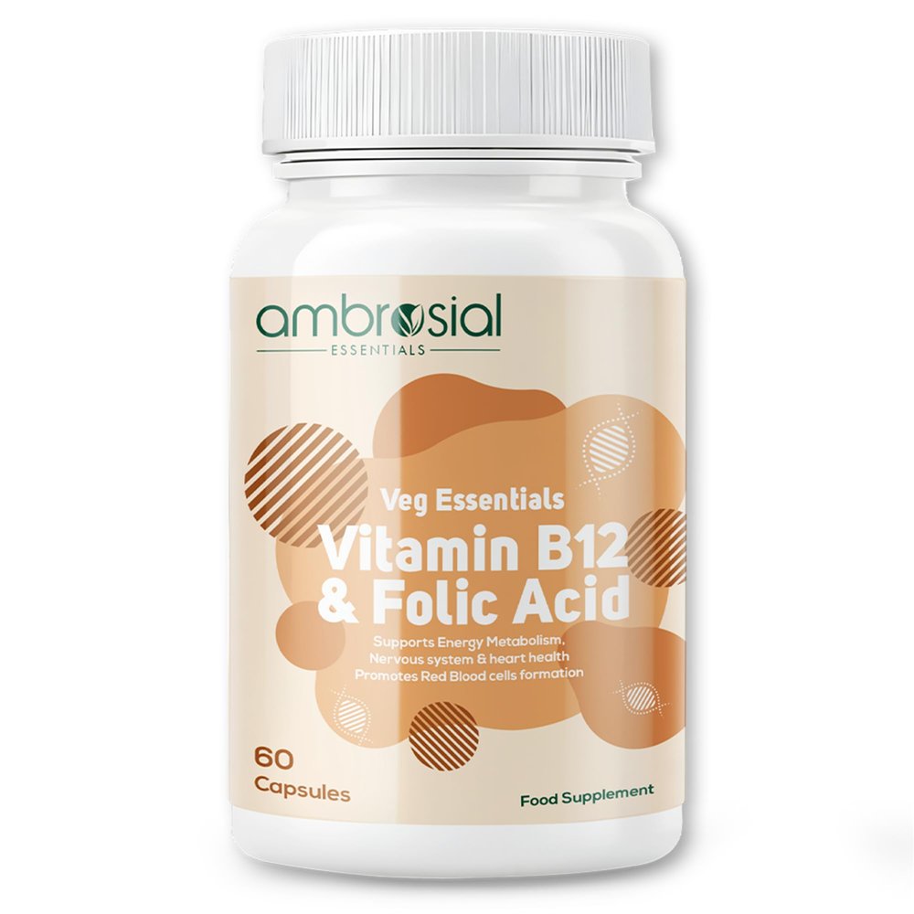 Ambrosial Vitamin B12 1000 mcg (Cyanocobalamin) & Folic Acid Tablets 500 mcg  Dual Formula in One Capsule  B12 Supplement for Women & Men Vegan, GMP Certified  60 Capsules (2 Months Supply)