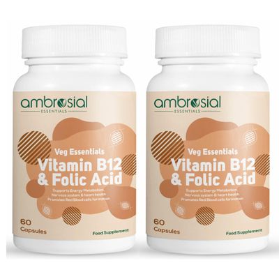 Ambrosial Vitamin B12 1000 mcg and Folic Acid 500 mcg | High Strength B12 (Cyanocobalamin) and Folic Acid Capsules | Vegan, Non-GMO, Easy to Swallow | Pack of 2-120 Capsules