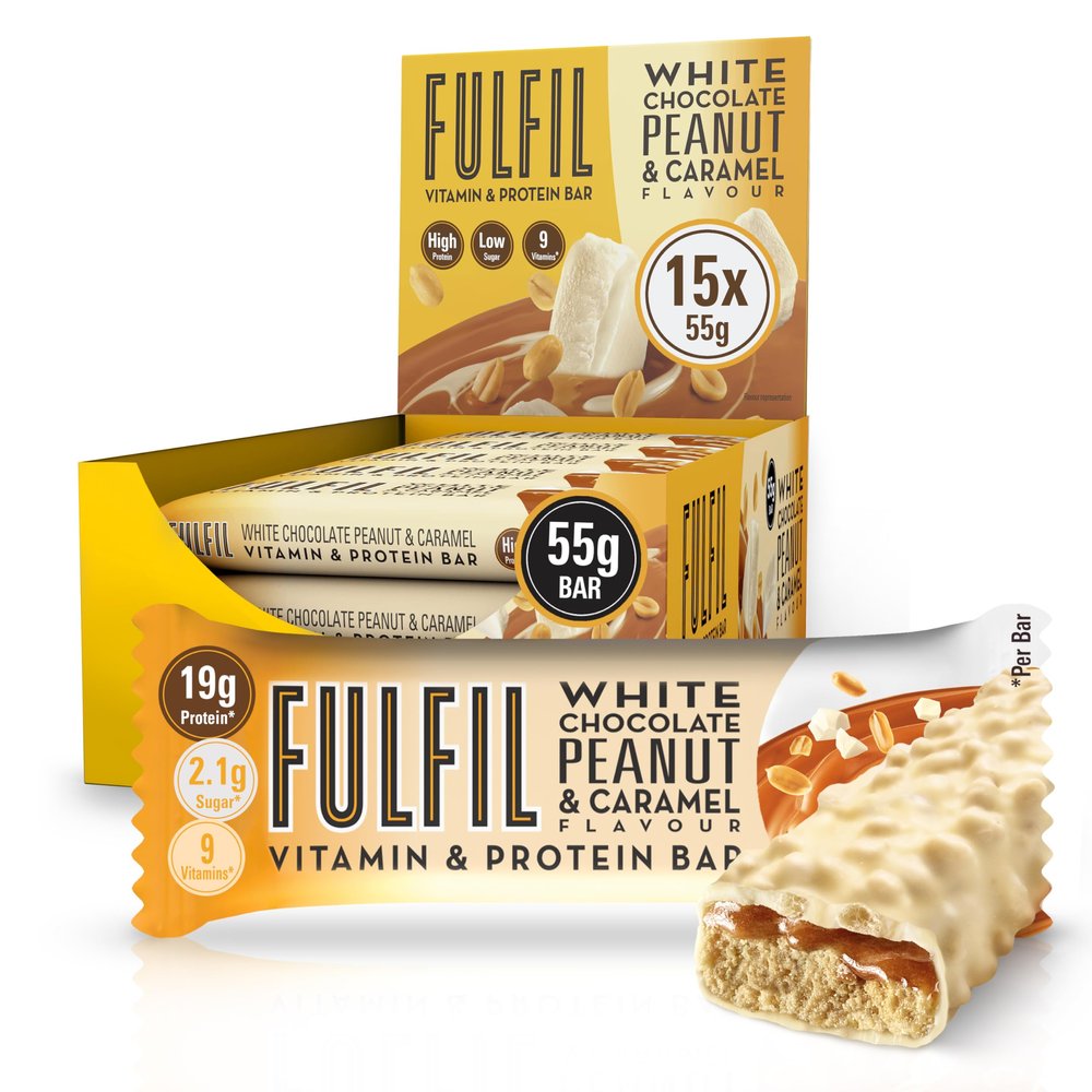 FULFIL Vitamin and Protein Bars (15 x 55 g Bars)  White Chocolate Peanut and Caramel Flavour  20 g High Protein; 9 Vitamins; Low Sugar