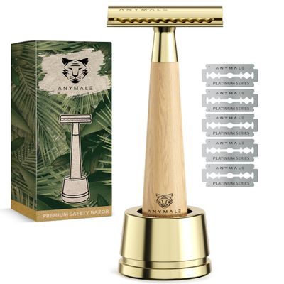 ANYMALE Safety Razor Maple Wood Gold - Women's Set with 5 Astra Blades and Stand - Plastic-Free Razor