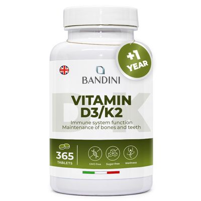 Bandini Vitamin D3 K2 | 365 Easy-to-Swallow Tablets 1 Year Supply | 2000 IU Vitamin D3 & 200mcg Vitamin K2VITAL MK7 99% All Trans | Bones, Teeth, Muscles, Joints & Immune System | High Strength