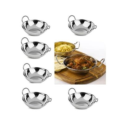 AuraHome Balti Dish Karahi Kadai Stainless Steel Dishes with Handles Indian Curry Night Set Curry & Indian Cuisine for a More Authentic Dining Experience (19cm x 6 Pack)