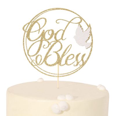 LINLULU God Bless Cake Topper with Dove - Glitter Gold First Communion, Religious Baptism, Christening, Child Dedication Keepsake Decorations