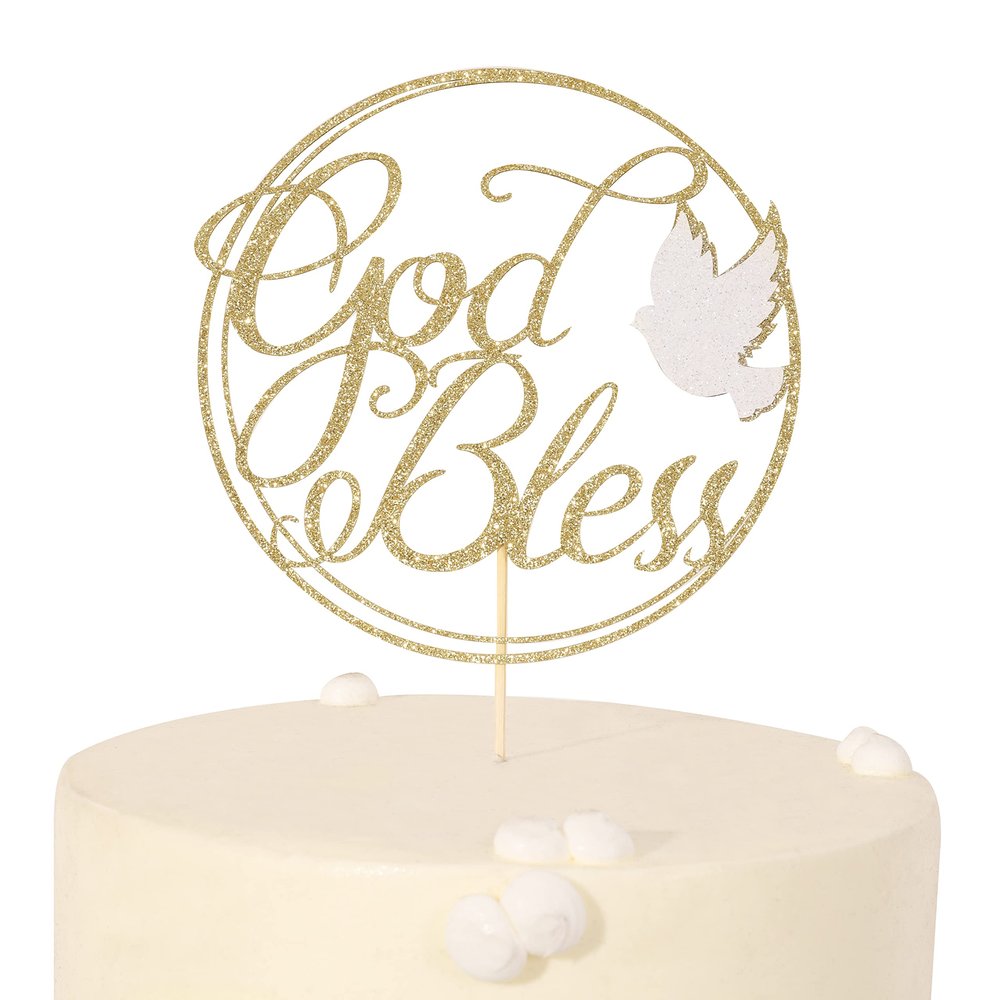 LINLULU God Bless Cake Topper with Dove - Glitter Gold First Communion, Religious Baptism, Christening, Child Dedication Keepsake Decorations