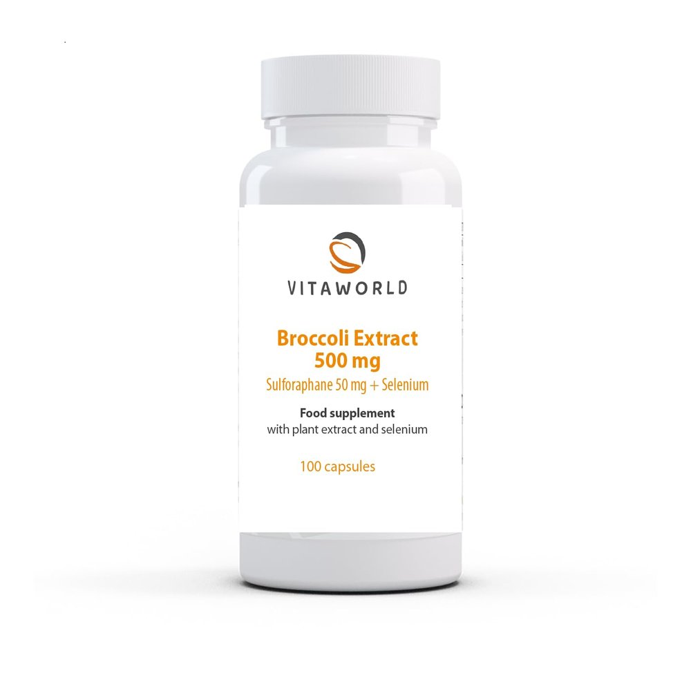 Pack of 3 Vita world Broccoli Extract 500 mg l 3 x 100 Capsules l derived from Broccoli Sprouts l 50 mg sulforaphane per Capsule l with 55 g Selenium per Capsule l Vegan and Free from additives