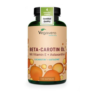 Vegavero Beta Carotene Complex | with Astaxanthin + Vitamin E | Beta-Carotene from Fermentation | Golden Tan | NO Additives, Lab-Tested | 120 Tanning Capsules | Vegan