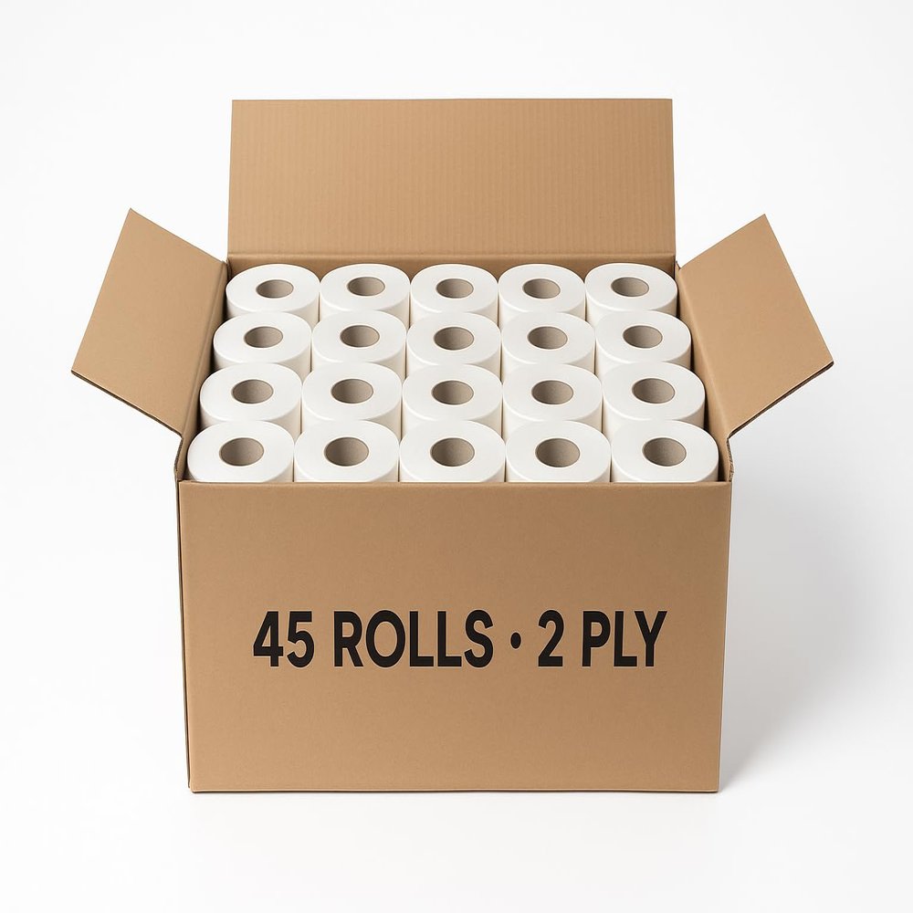 45 Rolls Eco 2-Ply Toilet Paper  Plastic-Free, Recyclable Packaging, Soft & Bulk Value Tissue in Kraft Box  Family & Business Use