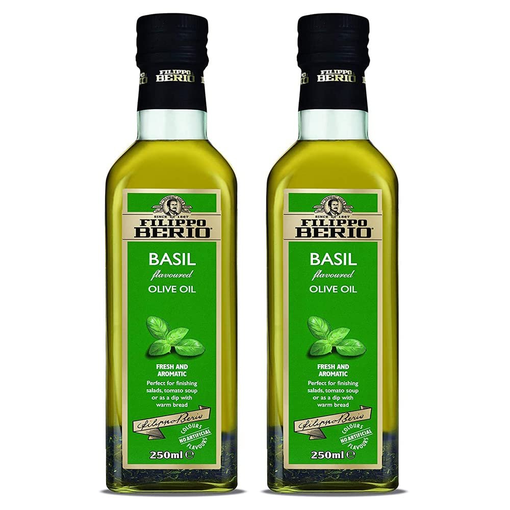 2 x 250 ml Berio Basil Flavoured Olive Oil Cooking Kitchen Fried Food Vegetable Salads Toping