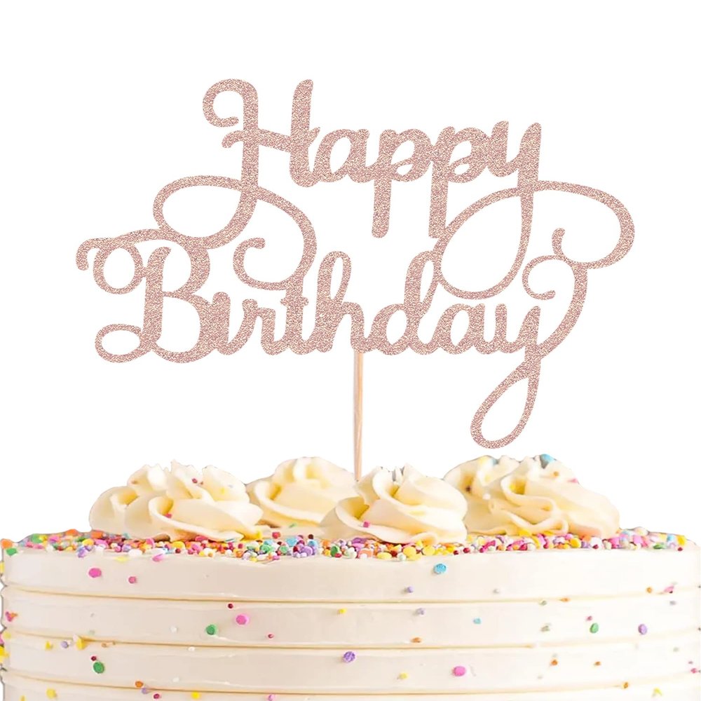 AHAORAY Happy Birthday Cake Topper - Rose Gold Glitter Happy Birthday Cake Bunting Decor - Birthday Party Cake Decoration Supplies, for Photo Booth Props