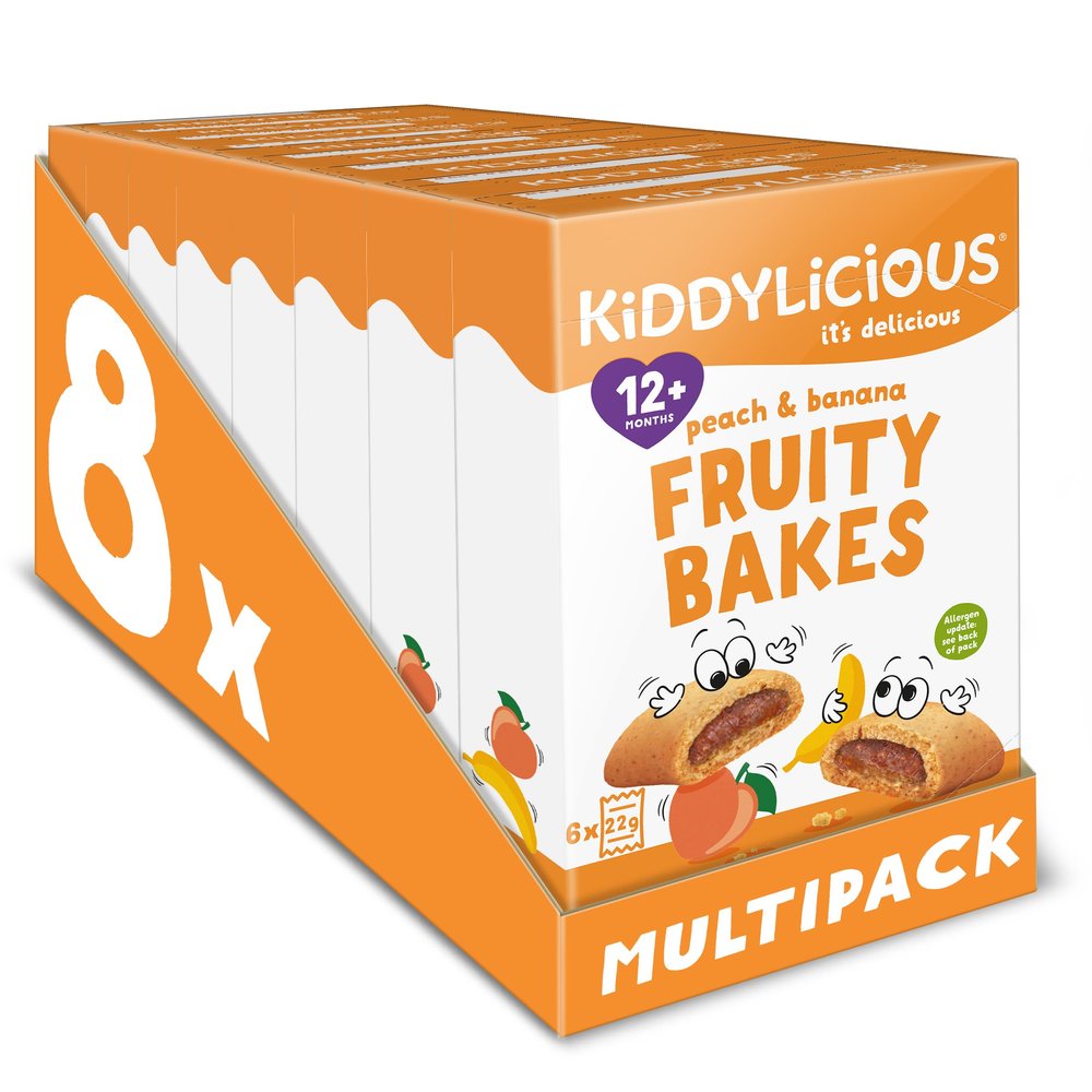 Kiddylicious Peach & Banana Fruity Bakes - Delicious Snacks for Kids with Real Fruit Centre - Suitable for 18+ Months - 8 Packs of 6 (48 Total)