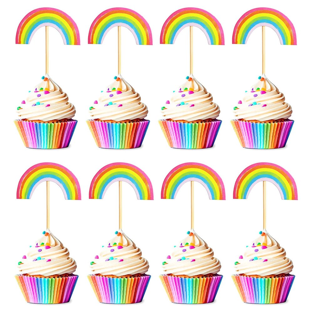 Bymivofun Rainbow Cake Toppers, 24 Pack, Cupcake Decorations, for Birthday, Baby Shower, Housewarming, Themed Parties