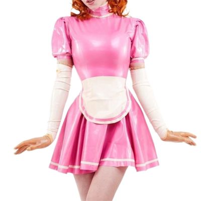 QJZM French Maid Latex Dress with Trims at Apron Rubber Uniform Playsuit Bodycon,Yellow with White, XS