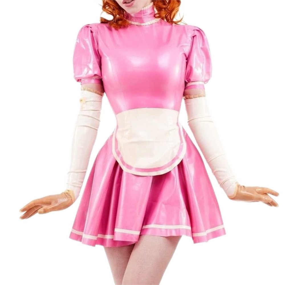 QJZM French Maid Latex Dress with Trims at Apron Rubber Uniform Playsuit Bodycon,Yellow with White, XS