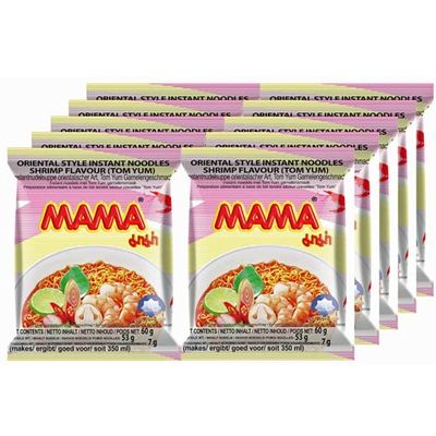 Mama Tom Yum Shrimp Instant Noodles, 60g, Pack of 10, by Food Sanctuary