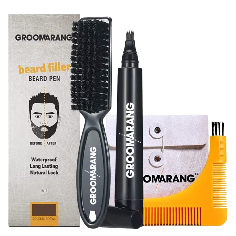 Beard Pen GROOMARANG Beard Pencil Filler for Men - Natural Enhancer to Fill, Shape and Define - Black or Brown PLUS Beard Shaping Comb (Dark Brown)