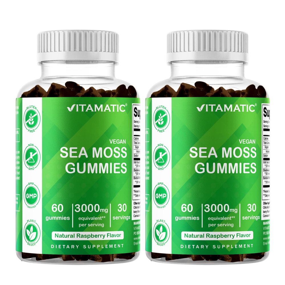 2 Pack Vitamatic Irish Sea Moss Gummies - 3000 mg - 60 Vegan Gummies - Made with Bladderwrack & Burdock Root - Seamoss Supplement for Thyroid, Energy, Immune Support