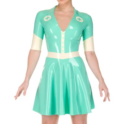 QJZM Jade Green and White Sexy Latex Dress with Half Sleeves Rubber Uniform Zipper at Back Cross Decoration LYQ-0210,Jade Green White,M