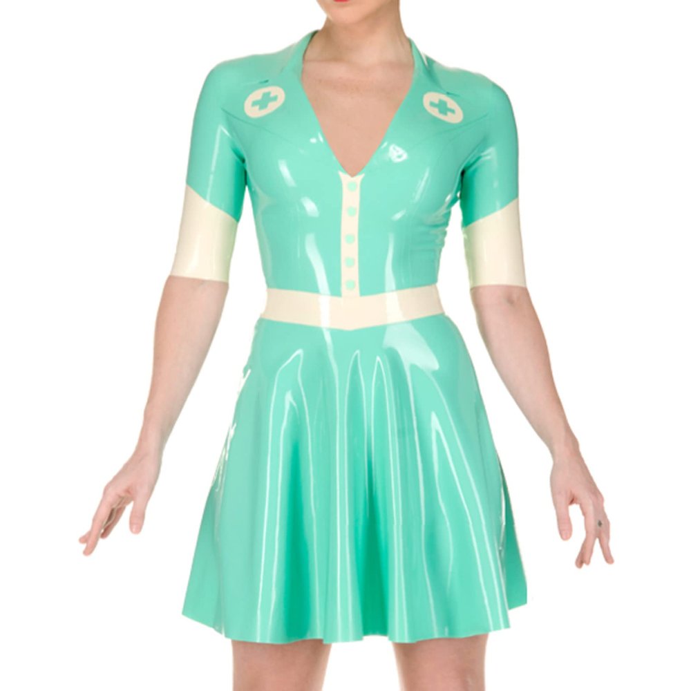 QJZM Jade Green and White Sexy Latex Dress with Half Sleeves Rubber Uniform Zipper at Back Cross Decoration LYQ-0210,Jade Green White,M