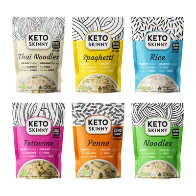 Keto Skinny Organic Konjac Noodles, Pasta & Rice (Mix Pack of 6 x 270g) Fettucine, Spaghetti, Penne, Thai Style, Zero Carb, Low Calorie, High Fibre, Gluten, Fat & Sugar Free, Ready to Eat Keto Food