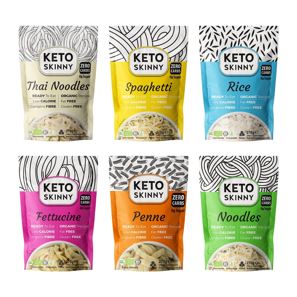 Keto Skinny Organic Konjac Noodles, Pasta & Rice (Mix Pack of 6 x 270g) Fettucine, Spaghetti, Penne, Thai Style, Zero Carb, Low Calorie, High Fibre, Gluten, Fat & Sugar Free, Ready to Eat Keto Food
