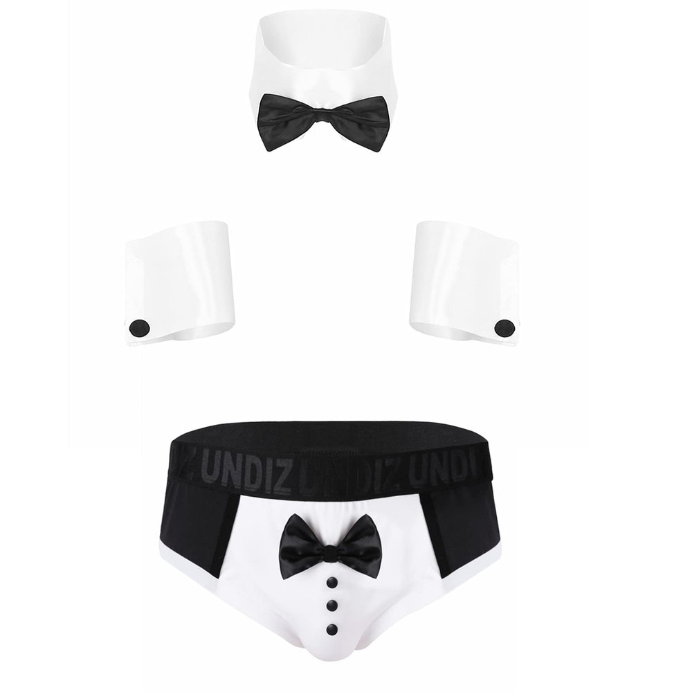CHICTRY Men's 4 PCS Bow Tie Collar Boxer Briefs Tuxedo Costume Lingerie Sets 2# Black XL