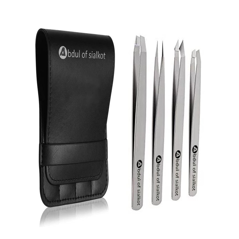 Abdul of Sialkot Eyebrow Tweezer Set for Women & Men,Professional Slant and Pointed Tweezers Set with Case,Precision Tweezers Kit for Facial Hair, Splinter and Ingrown Hair Removal ((Sliver 4 Piece))