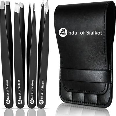 Abdul of Sialkot Eyebrow Tweezer Set for Women & Men,Professional Slant and Pointed Tweezers Set with Case,Precision Tweezers Kit for Facial Hair, Splinter and Ingrown Hair Removal ((Black 4 Piece))