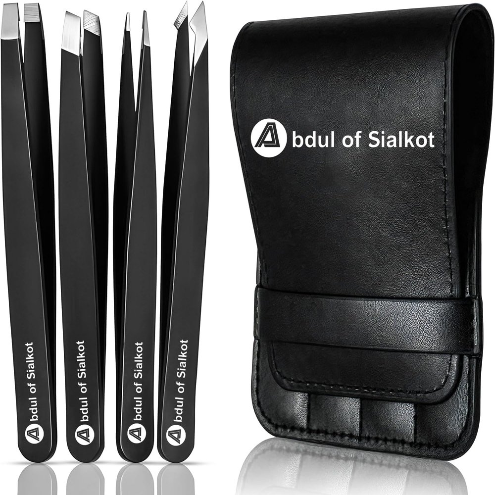Abdul of Sialkot Eyebrow Tweezer Set for Women & Men,Professional Slant and Pointed Tweezers Set with Case,Precision Tweezers Kit for Facial Hair, Splinter and Ingrown Hair Removal ((Black 4 Piece))