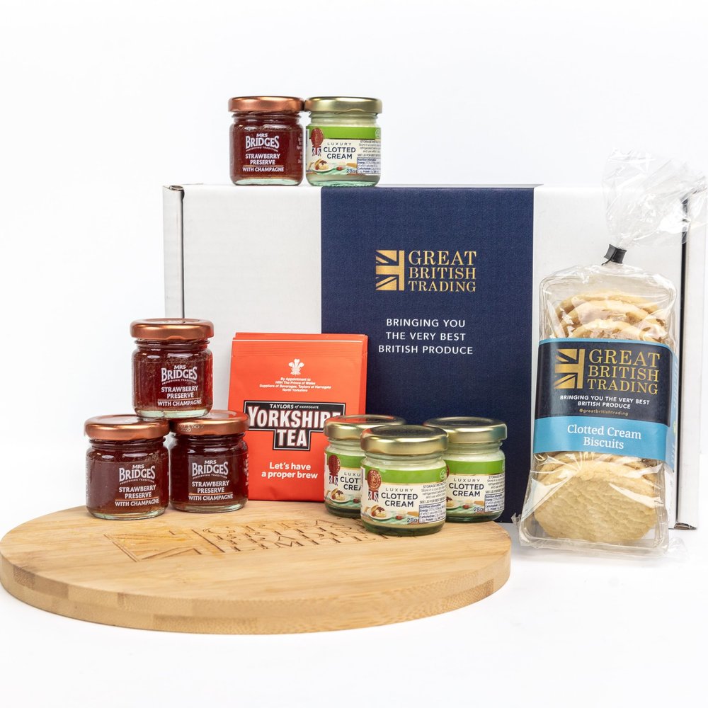 Great British Trading Large Afternoon Tea Luxury Gift Hamper with Clotted Cream Shortbread, Strawberry Preserve with Champagne, Luxury Clotted Cream and Tea Bags