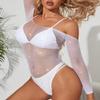 Abberrki Women Sexy Sparkle Rhinestone Teddy Fishnet Long Sleeve One Piece Bodysuit, White, One Size view 3