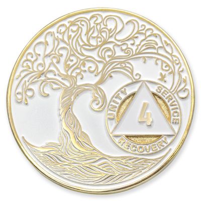 4 Year Sobriety Mint Twisted Tree of Life Gold Plated AA Recovery Medallion/Chip/Token - White