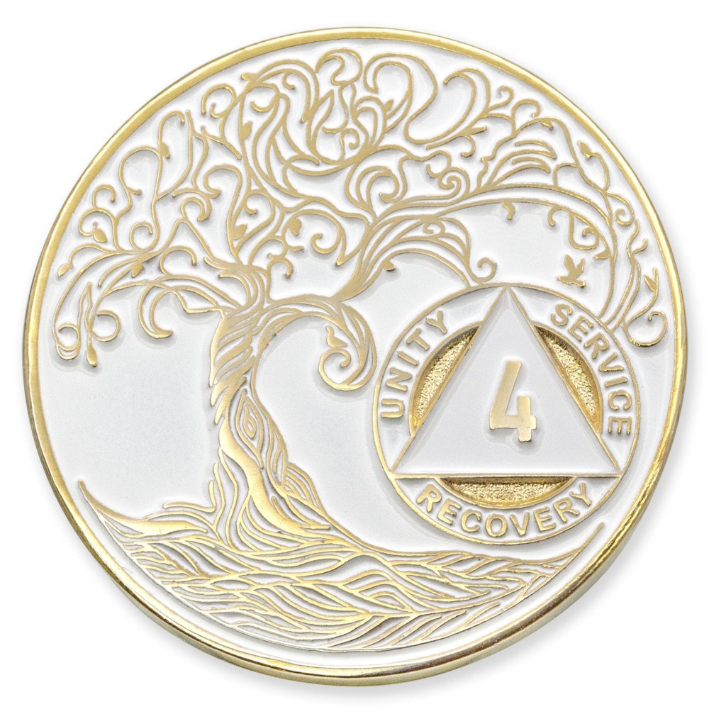 4 Year Sobriety Mint Twisted Tree of Life Gold Plated AA Recovery Medallion/Chip/Token - White