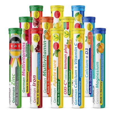 Effervescent Tablets Mix T&D Pharma - 12 x 20 = 240 German effervescent Tablets - Vitamins and Minerals in Fruity Flavours - Made in Germany