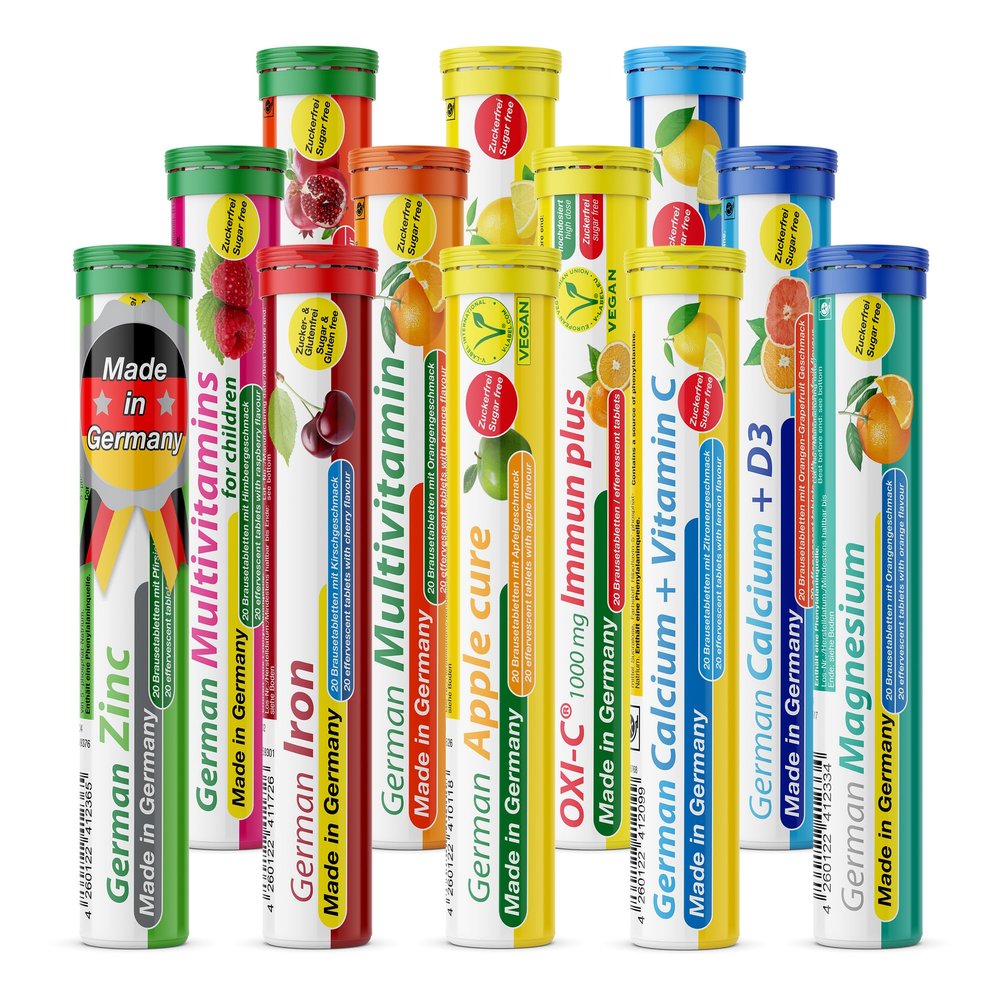 Effervescent Tablets Mix T&D Pharma - 12 x 20 = 240 German effervescent Tablets - Vitamins and Minerals in Fruity Flavours - Made in Germany