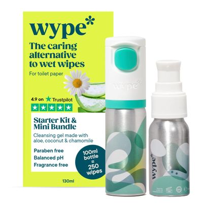 Wype | Flushable Wet Wipe Alternative Kit | Starter Kit & Mini Bundle | Toilet Roll Gel | Holiday Essentials | COSMOS Organic | 1 x Applicator, 1 x Refill (100ml), 1 x Mini (30ml)