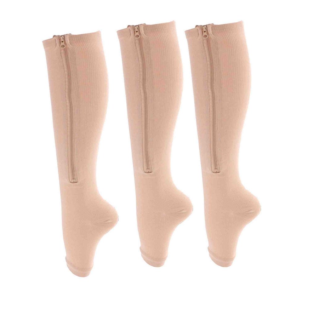 ACMEDE Compression Socks Zipper Knee Stockings Leg Support Open Toe Stretchy Zipper 3 Pair Best for Flight and Travel (Small/Medium, Nude Color)