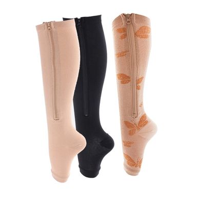 ACMEDE Compression Socks Zipper Knee Stockings Leg Support Open Toe Stretchy Zipper 3 Pair Best for Flight and Travel (XX-Large, Nude+Black+Butterfly)