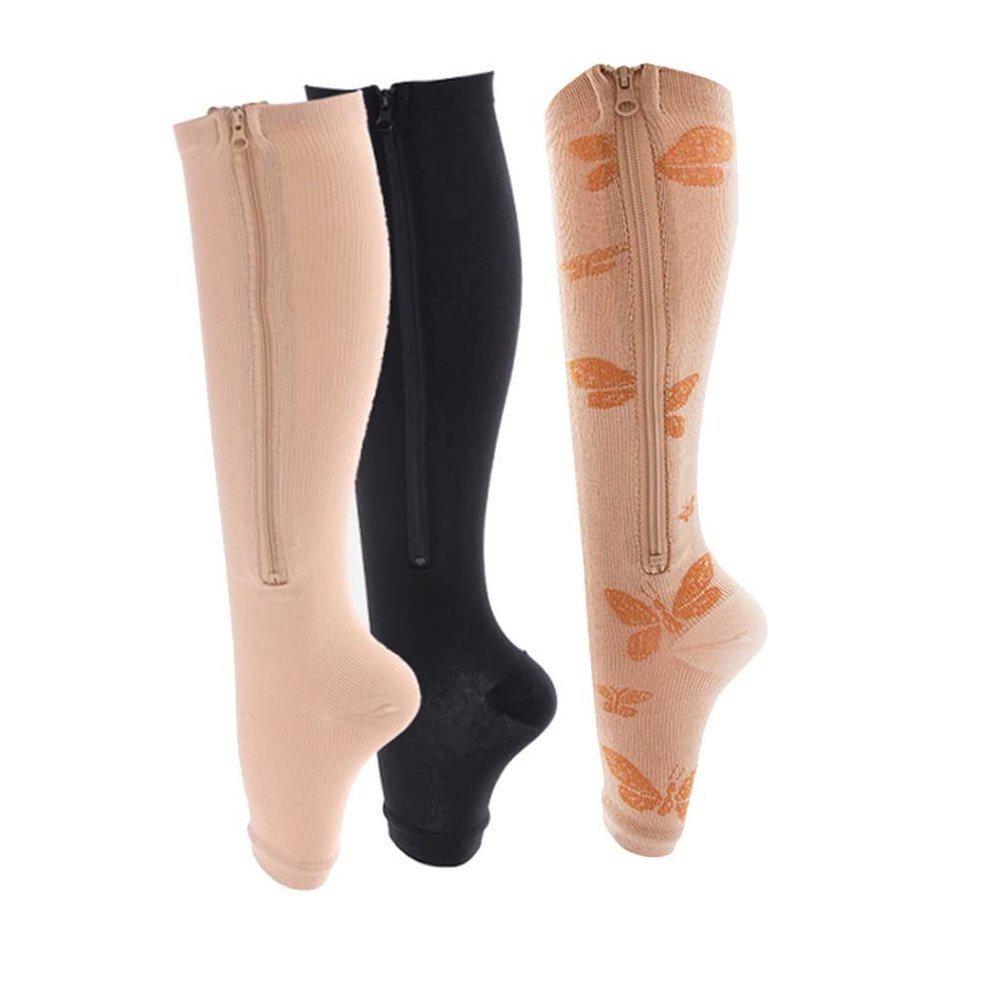 ACMEDE Compression Socks Zipper Knee Stockings Leg Support Open Toe Stretchy Zipper 3 Pair Best for Flight and Travel (Large/X-Large, Nude+Black+Butterfly)
